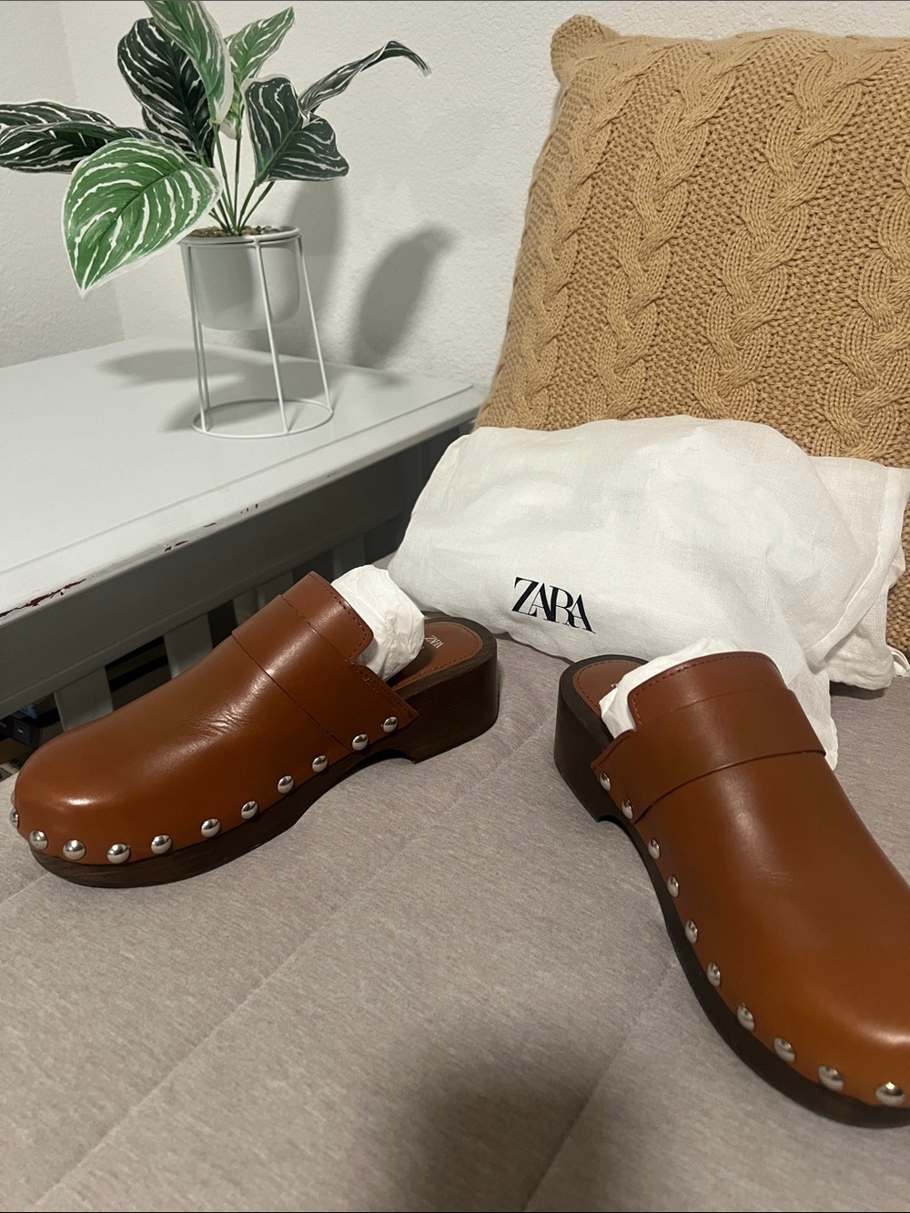 Zara Brown Leather Studded Clogs